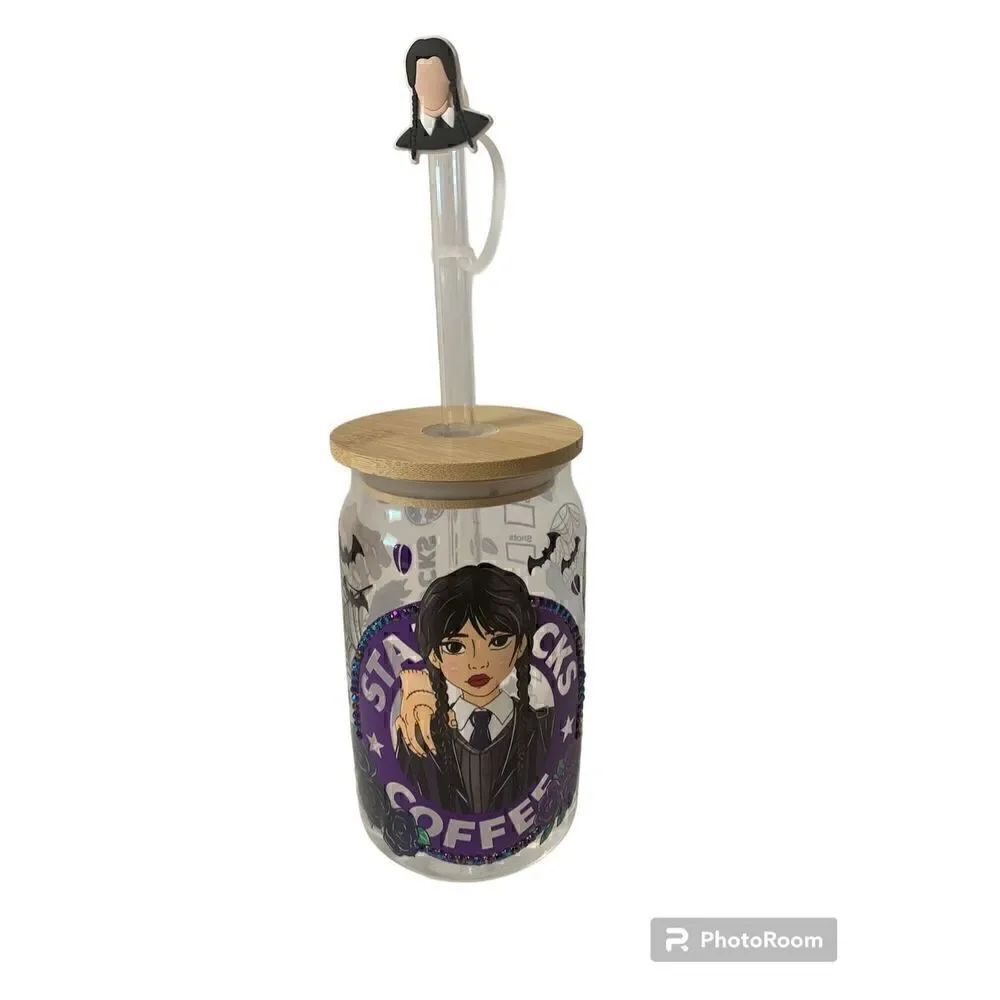 Handmade Beer can shaped glass cup with Bamboo lid, straw topper, Wednesday